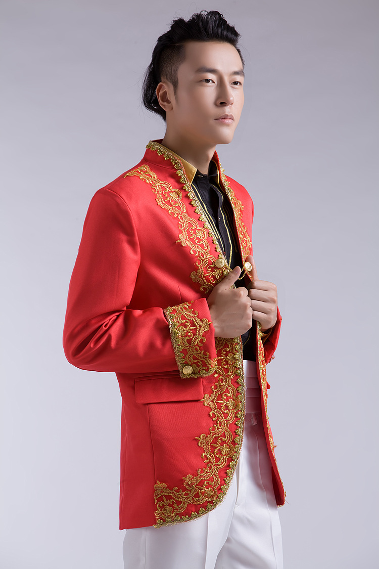 中式婚礼男士礼服 金色刺绣贴花大红黑白色西服套装 影楼主题男装