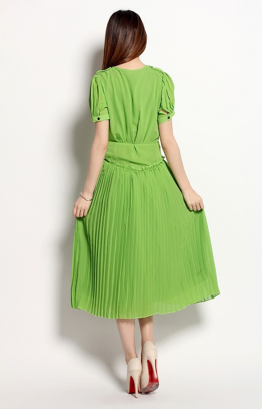 碧绿色林允儿款百褶肩章短袖波西米亚雪纺连衣裙2-04285