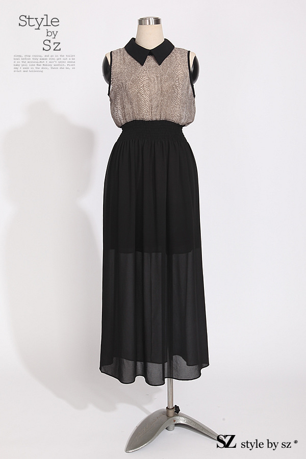 sz87816复古蛇纹拼接珍珠纱修身显瘦翻领无袖长裙松紧腰连身裙