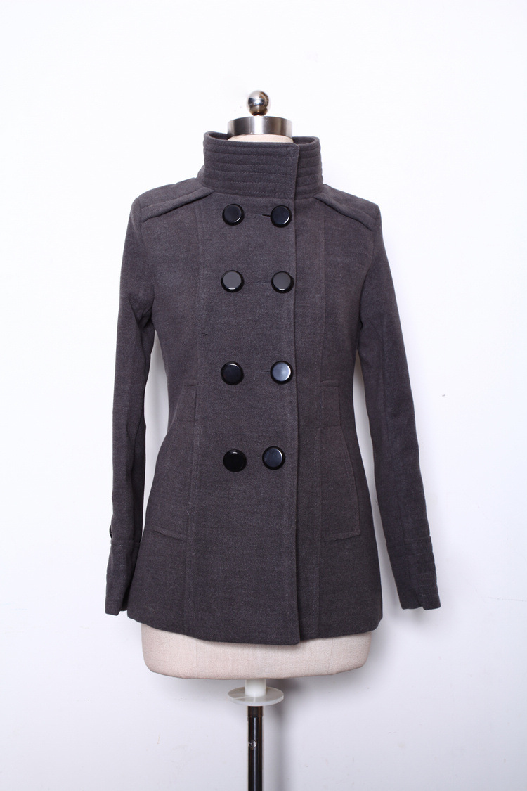 2013秋冬新款韩版女士立领 高领 双排扣短款毛呢 风衣 外套m1021