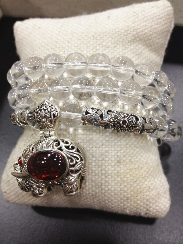 925银手链 异国情调泰国象神坠 白水晶手工串珠