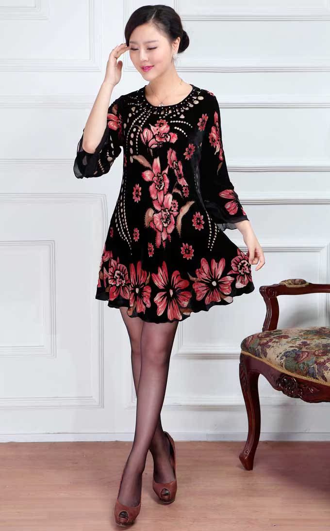 中老年女装丝绒连衣裙 高档妈妈装 金丝绒连身裙大码秋装