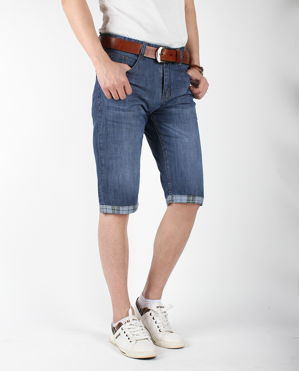 biyajeep 男士卷腿牛仔中裤 夏季全棉薄休闲直筒中腰牛仔短裤