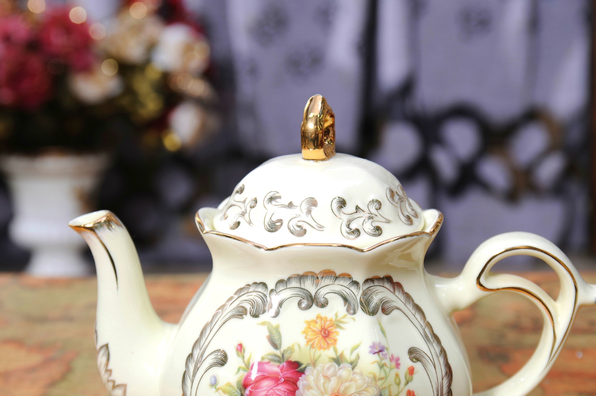 美艺厂家批发欧式陶瓷茶具法式咖啡具植物花纹10头套装礼盒包装