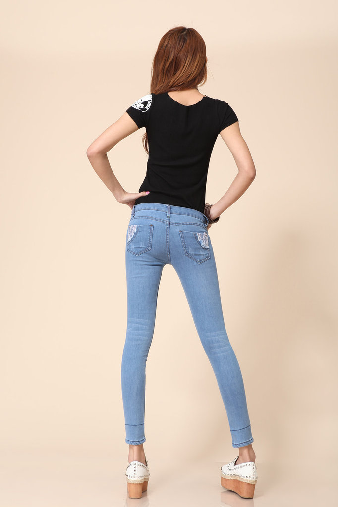 热销2013紧身浅色显瘦修身弹力花边小脚牛仔裤 一件代发