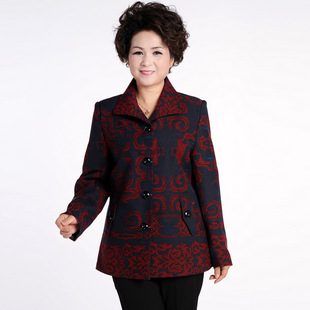 批发采购中老年女装-中老年奶奶衣服妈妈装秋装翻领长袖印花外套 妈妈