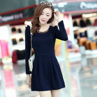 衬肤色提花针织连衣裙 圆领花边肩长袖纯色打底连衣裙 封腰连身裙