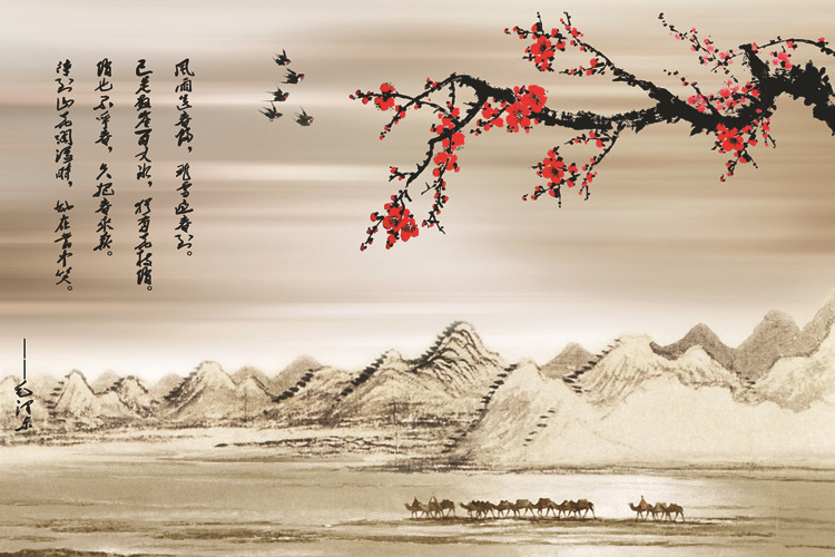 客厅卧室印花墙纸壁纸山水画 壁画 梅花诗意风格壁纸 代理加盟.