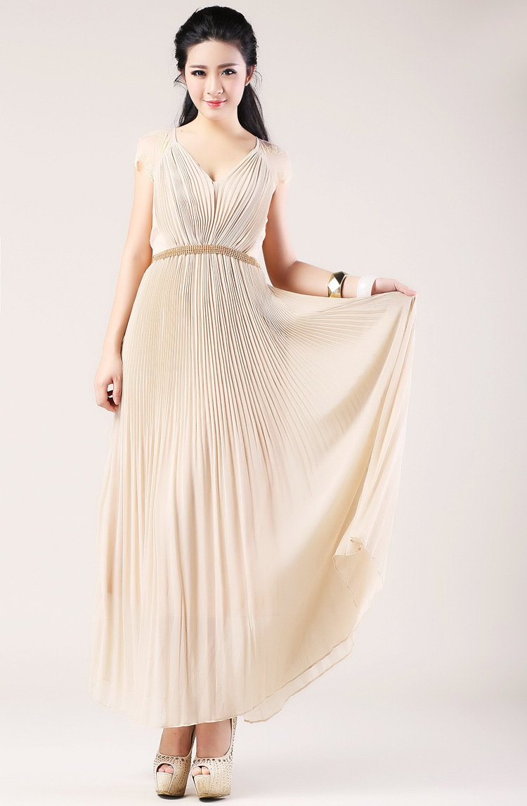 2013夏季新款 高贵飘逸雪纺乔其纱v领连衣裙 修身短袖长裙沙滩裙