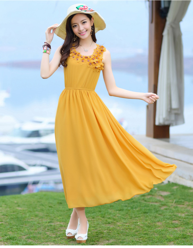 2013新款夏季无袖背心型雪纺连衣裙 修身收腰立体花朵连衣长裙子