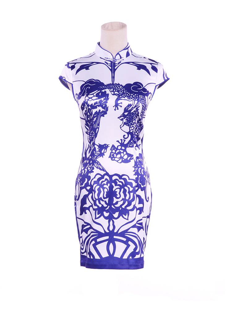 青花瓷性感旗袍 改良时尚 女装复古印花短款旗袍裙  部均为手工平铺