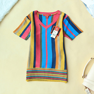 原单时尚竖条纹v领气质短袖针织衫37232彩色条纹棉质毛衫一件代发