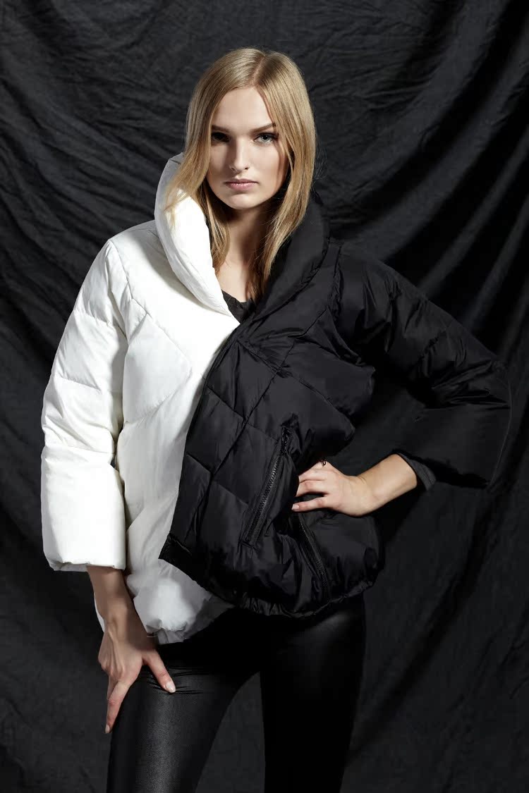 欧洲站大牌风白鹅鸭绒中长款加厚超保暖黑白拼撞色羽绒服女