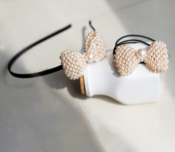 f291质感推荐 纯手工编织 立体珍珠蝴蝶结 发圈 发绳