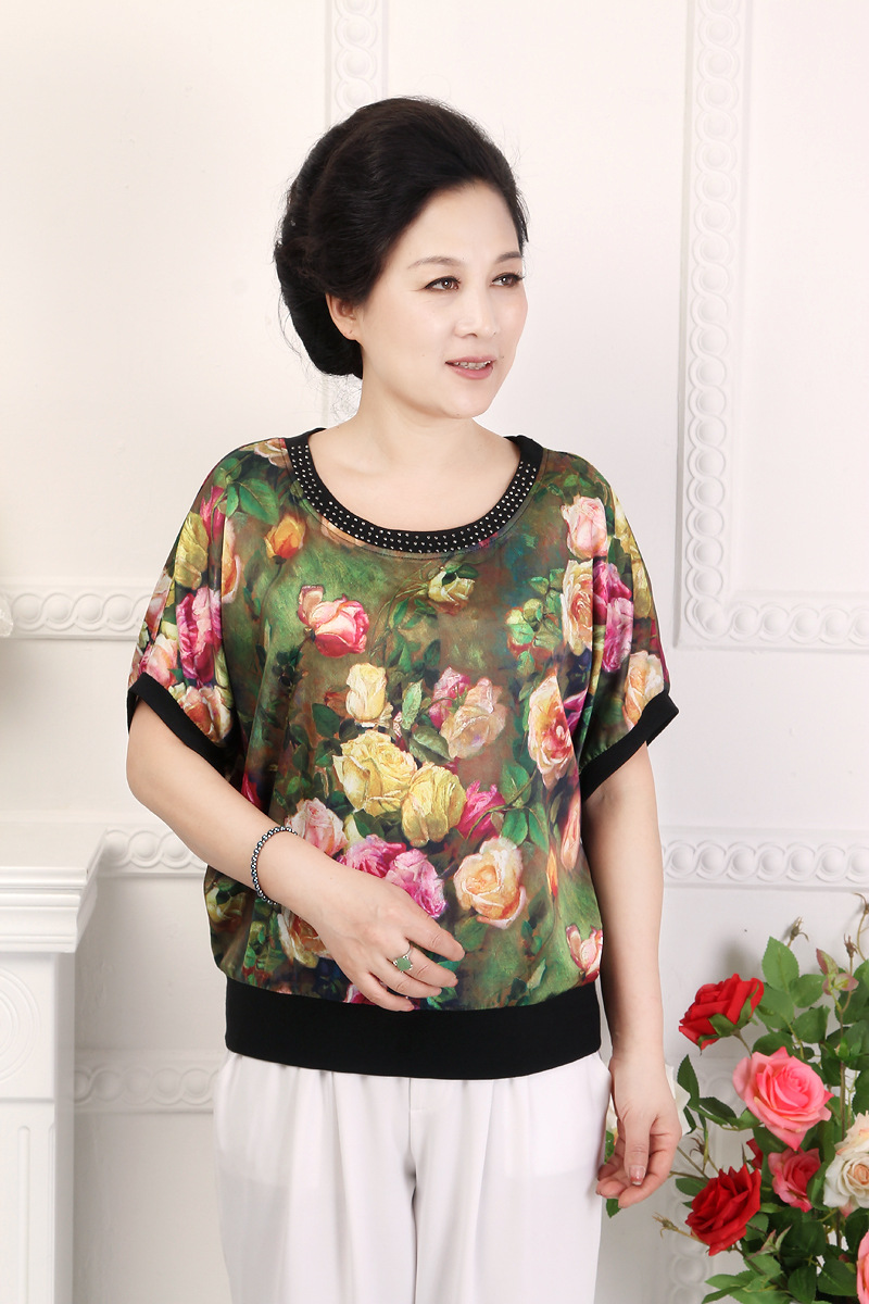 2013新款 时尚中老年女装领口烫钻短袖牡丹花印花t恤 妈妈装上衣