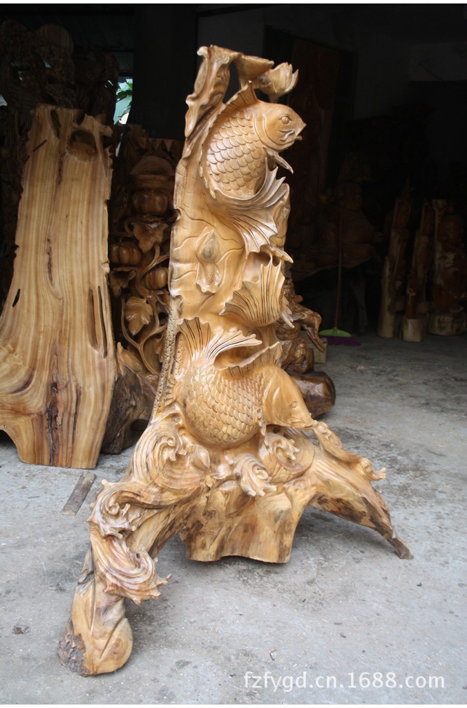 佛缘木雕根雕刻香樟木鲤鱼年年有余招财饰品风水古玩摆件4161