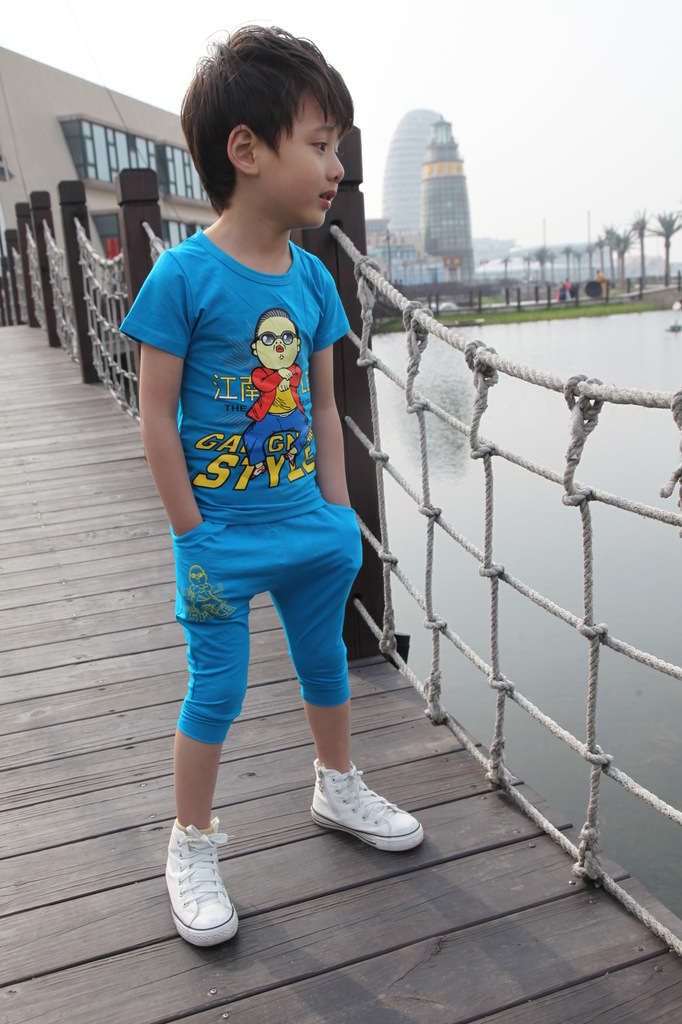 夏装江南style风格2013韩版儿童纯棉运动休闲短袖t恤七分短裤套装
