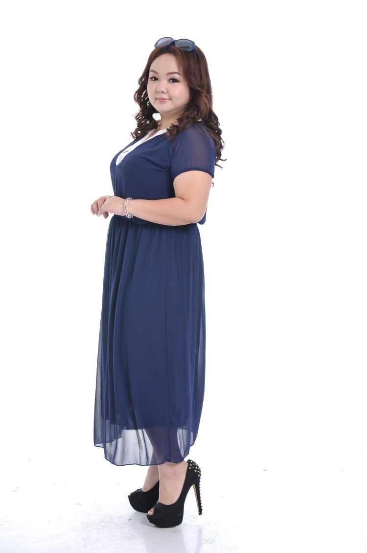 大码女装短袖加大加肥雪纺连衣裙胖mm长裙胖妞拖地裙图片_8