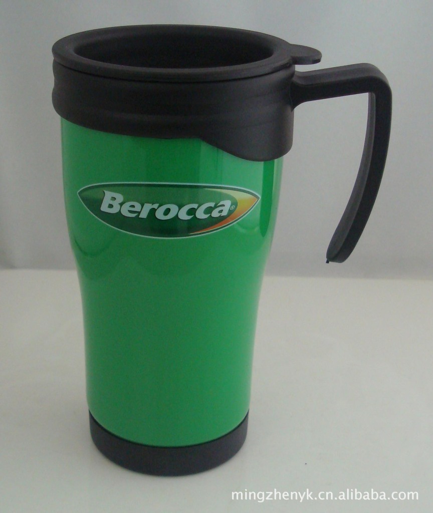 供应批发450毫升内塑外钢带手柄汽车杯