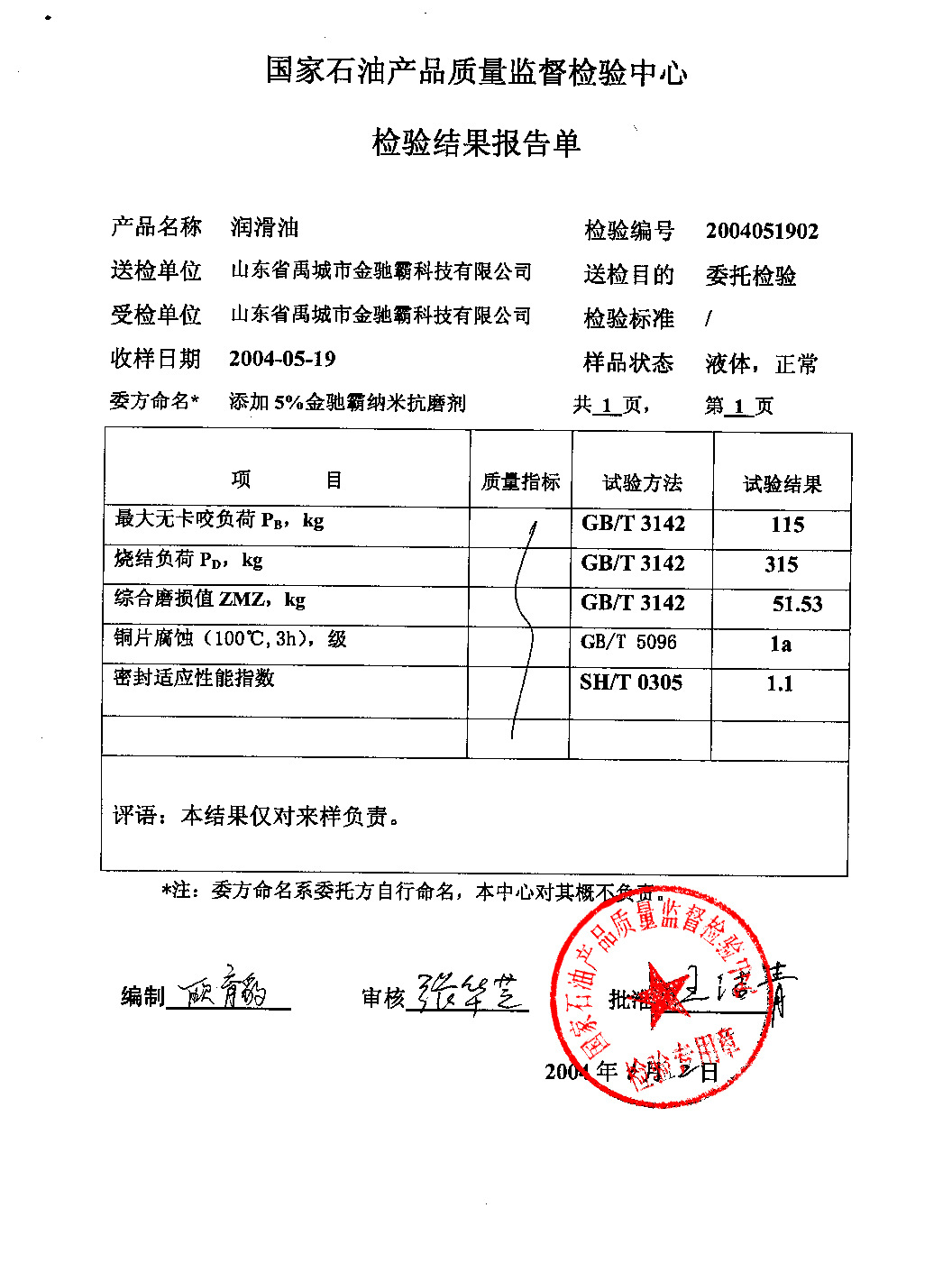 国家石油产品质量监督检验中心检测报告