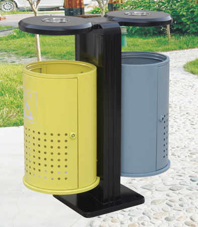 背靠背圆形冲孔铁烤漆座地带烟灰皿户外垃圾桶公园小区户外垃圾桶