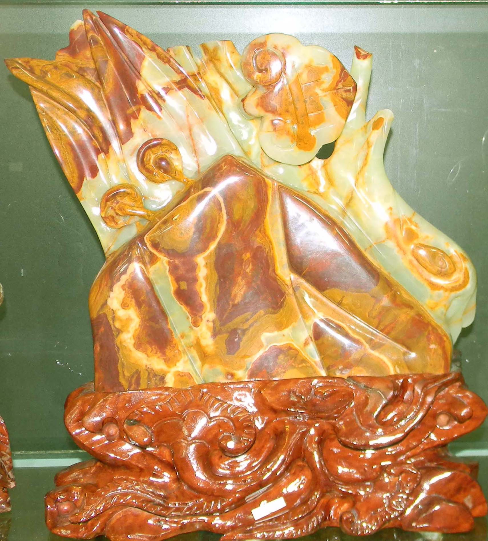 玉石工艺品伊朗古青玉稍色雕如意摆件