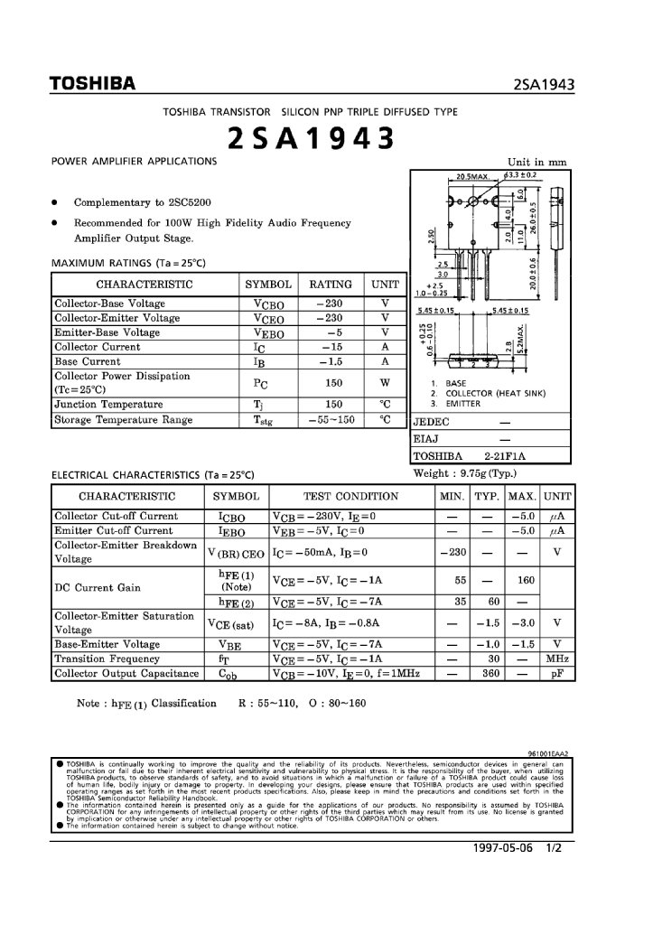东芝2sa1943 2sc5200 tta1943 ttc5200 功率对管