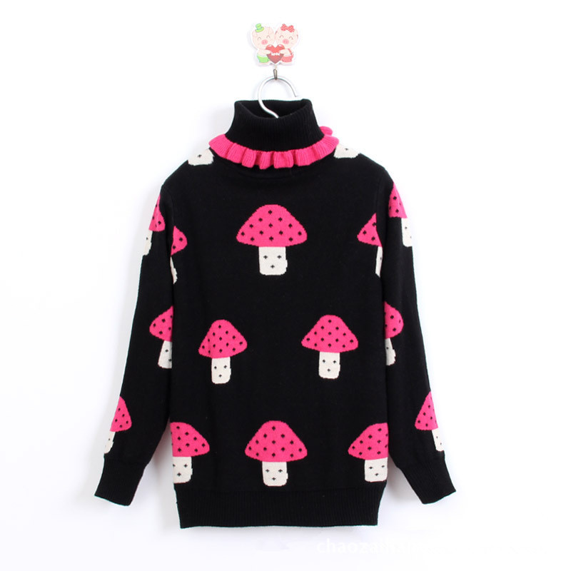 秋冬新款 中大童韩版女童可爱蘑菇羊绒提花双层高翻领儿童毛衣