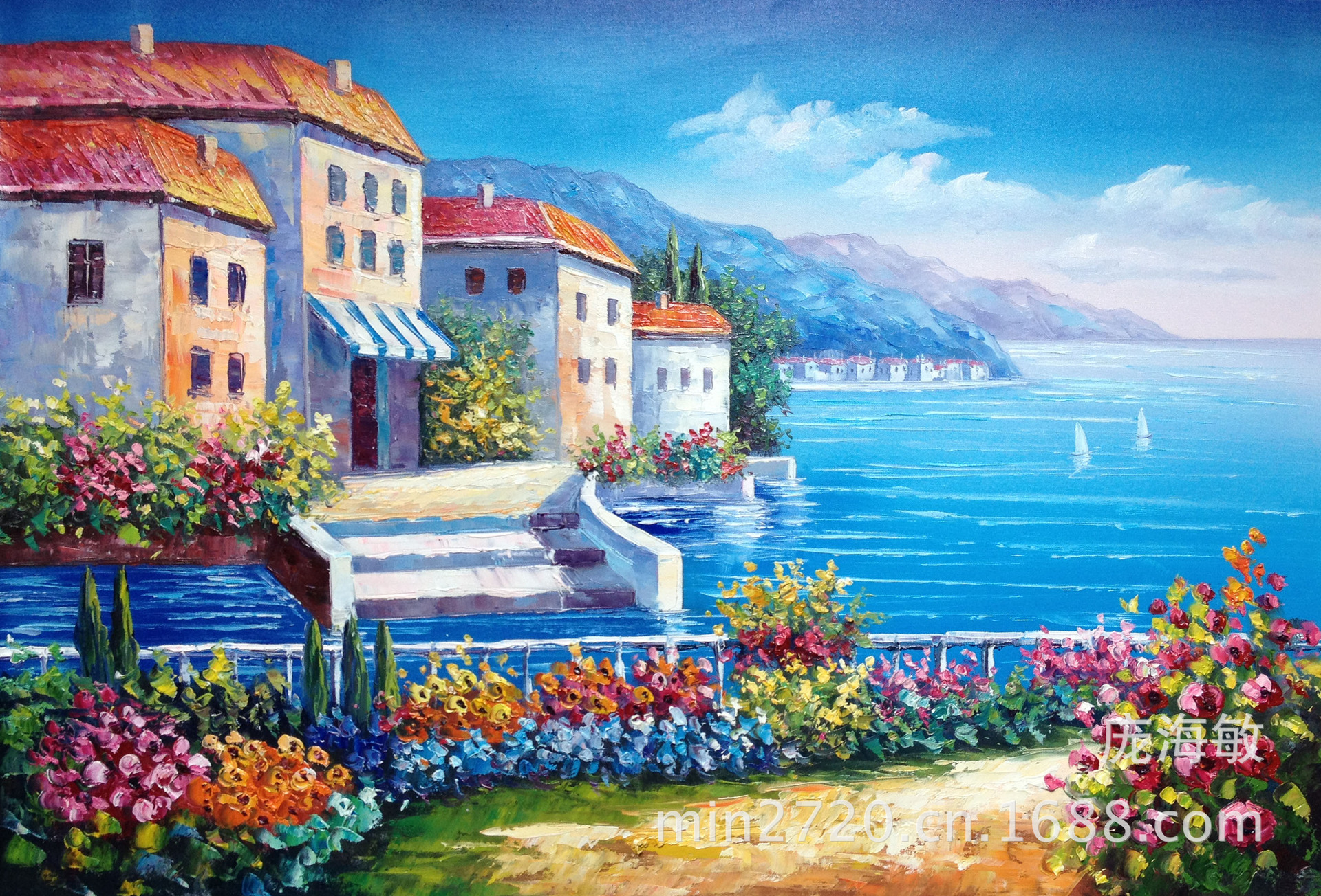 手绘油画花园景地中海风景刀画风景油画