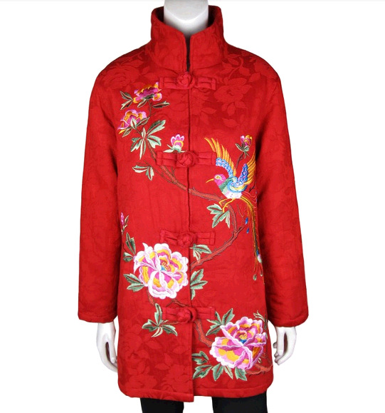 金菲子冬装新款女士唐装刺绣中老年中长款棉衣棉服外套女装