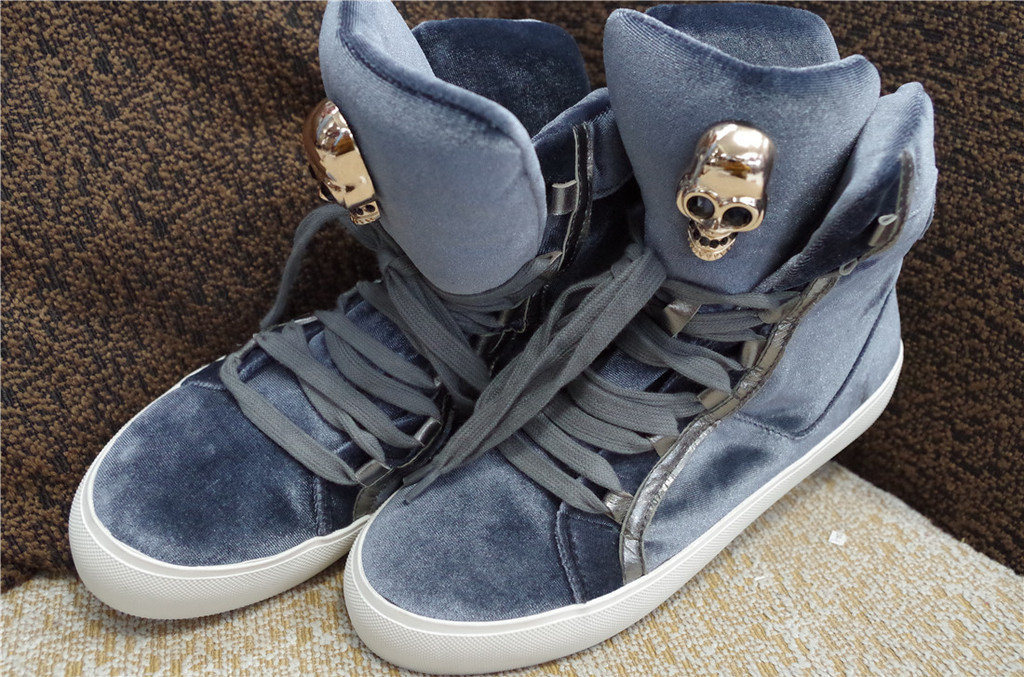 alexander mcqueen麦昆经典鬼头骷髅头金丝绒平底高帮绑带运动鞋