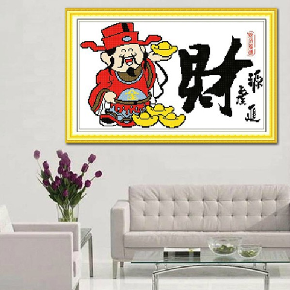 一件代发财源广进财神y 印布上的十字绣特价推荐 精准易洗十字绣