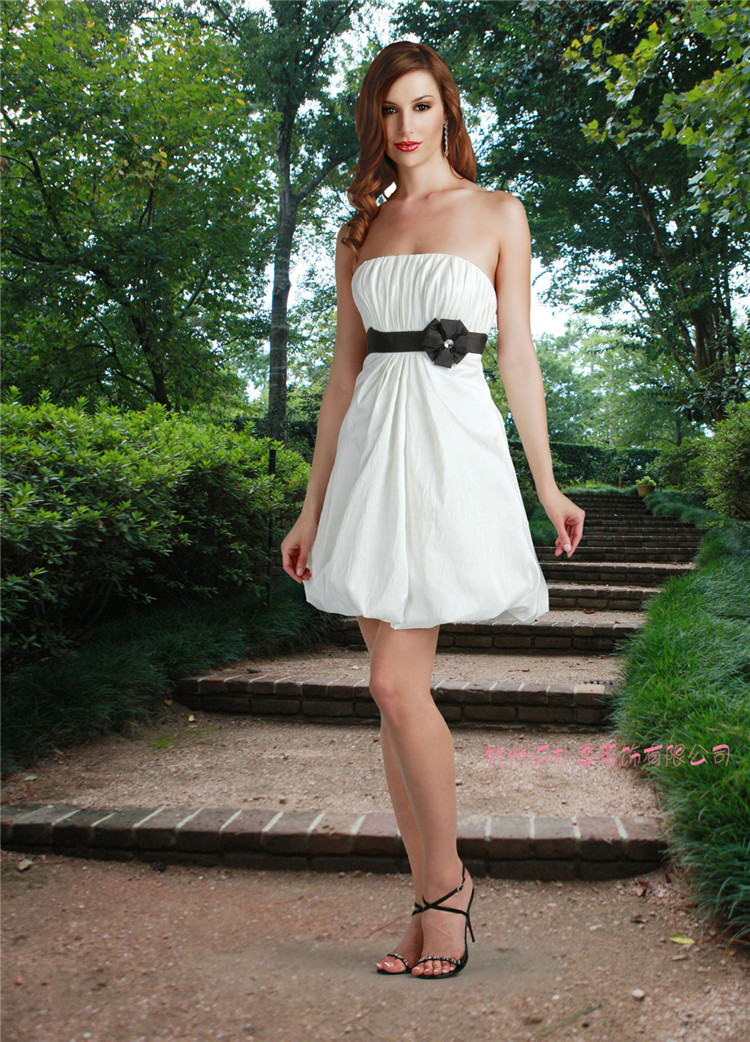 a字抹胸超短裙真丝缎花朵 晚礼服批发舞会礼服 婚纱礼服新款