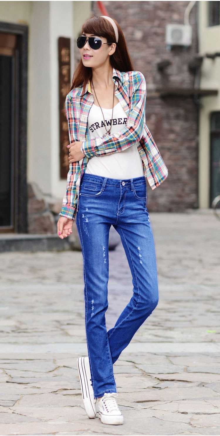 秋季新款蓝色女士牛仔裤双色两穿翻边小脚裤百搭时尚潮 一件代发