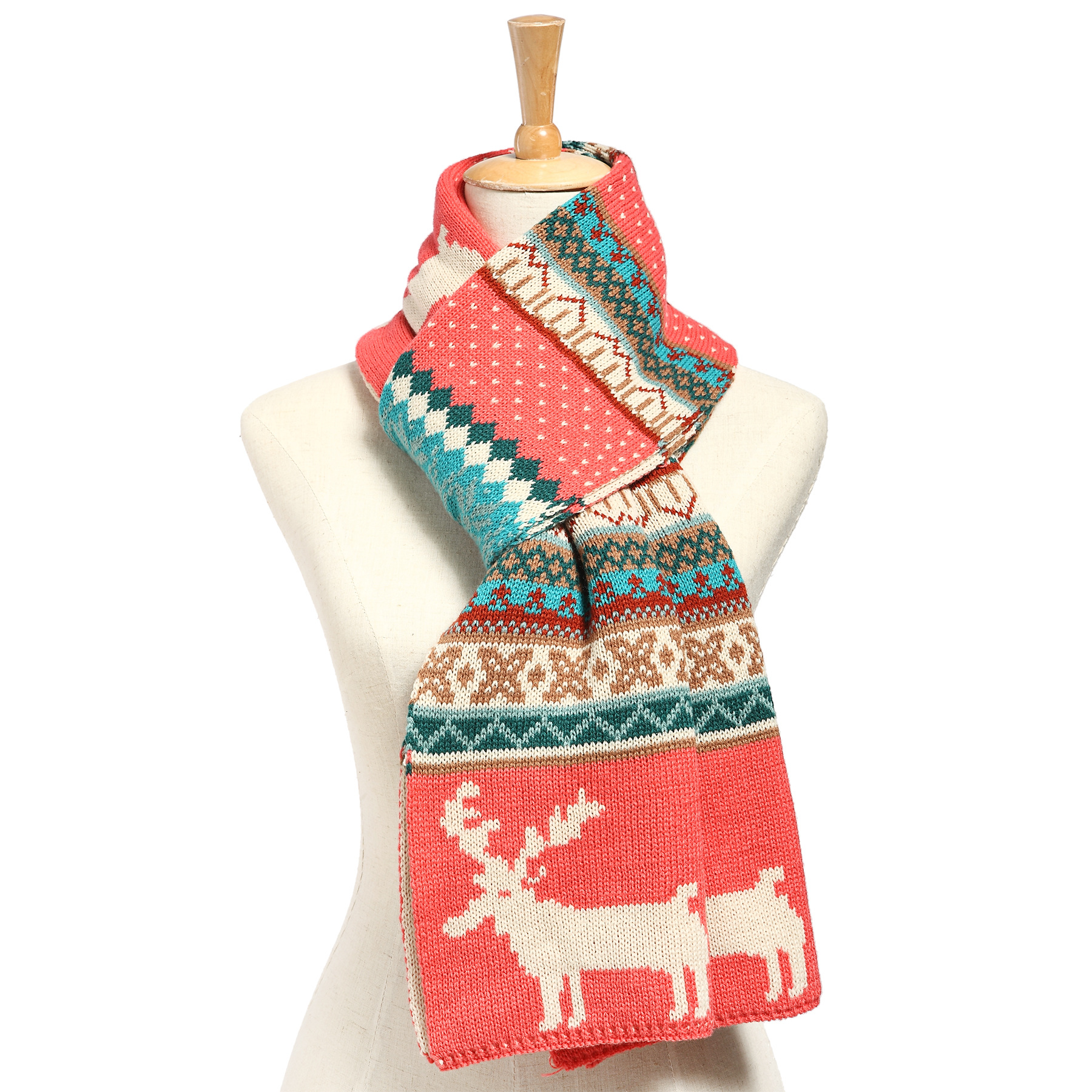 新款秋冬季雪花麋鹿心形提花围巾双面针织圣诞小鹿毛线围巾批发