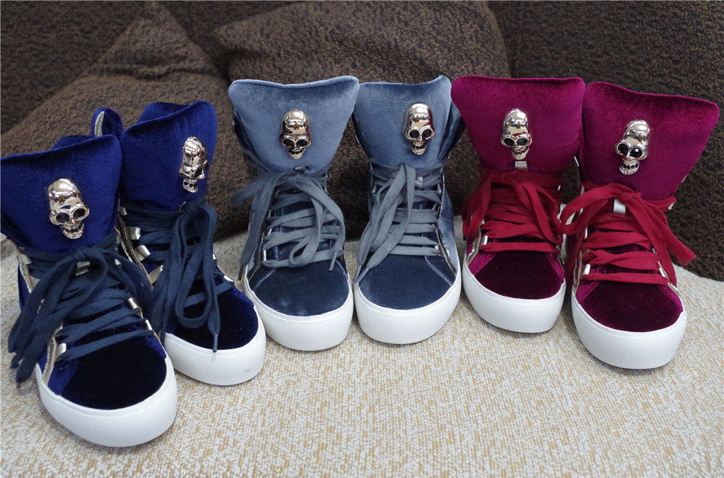 alexander mcqueen麦昆经典鬼头骷髅头金丝绒平底高帮绑带运动鞋