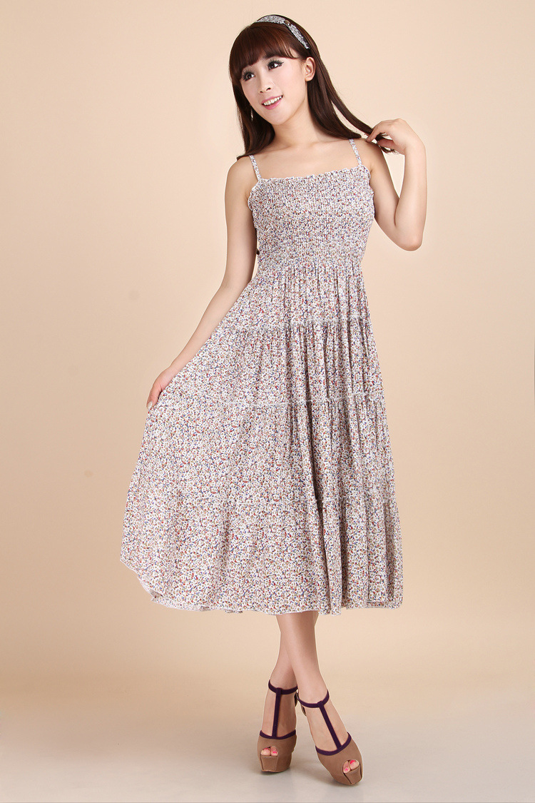 夏季新品波西米亚碎花长裙沙滩裙纯棉休闲吊带连衣裙代理批发混