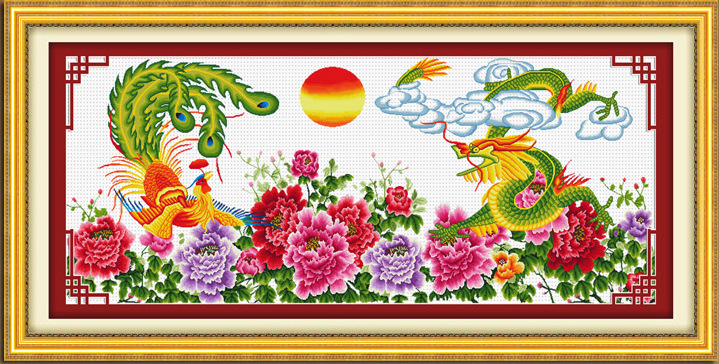 新款十字绣龙凤呈祥花开富贵精准印花义乌厂家批发客厅大画