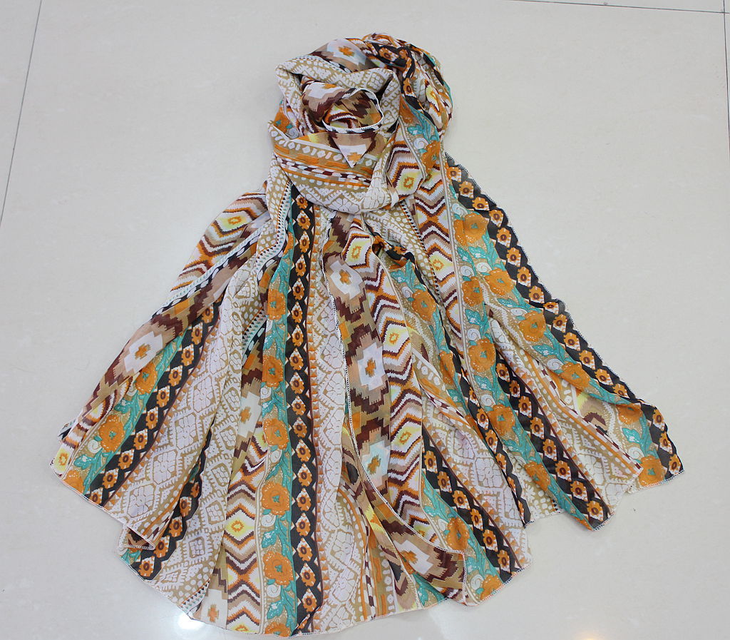 绒雪纺竖条碎花丝巾围巾