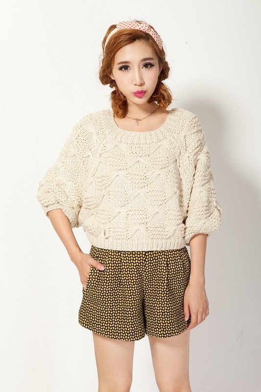 x62ai 韩国代购同款 手工棒针喇叭袖短款毛衣女 4色 潮女必备