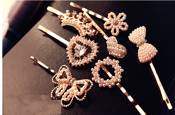 a520发夹 韩版时尚款(爆款) 珍珠水钻爱心蝴蝶结发饰发夹批发