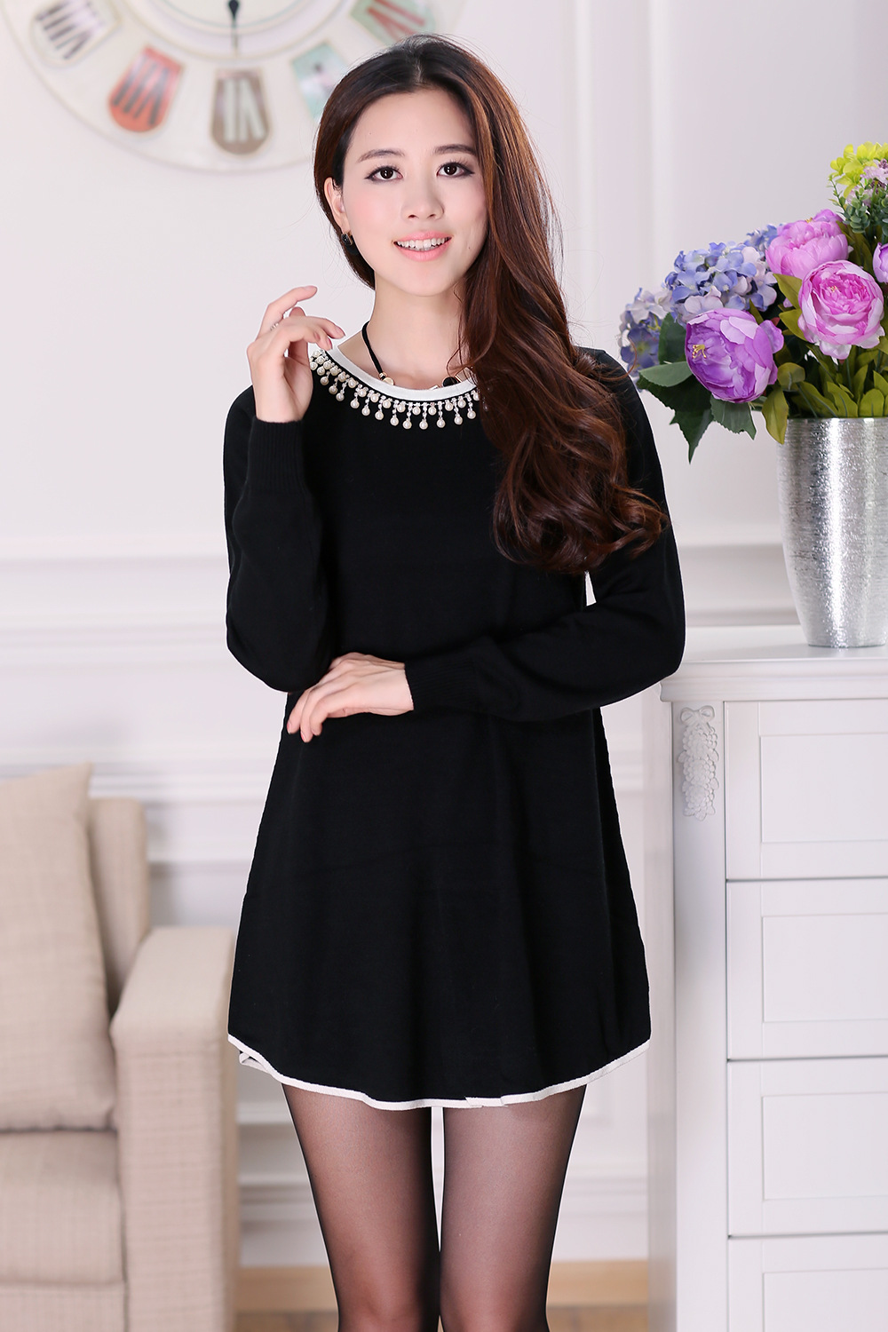 广州热门时尚连衣裙批发 纯色百搭一体裙 韩版修身针织连衣裙镶钻