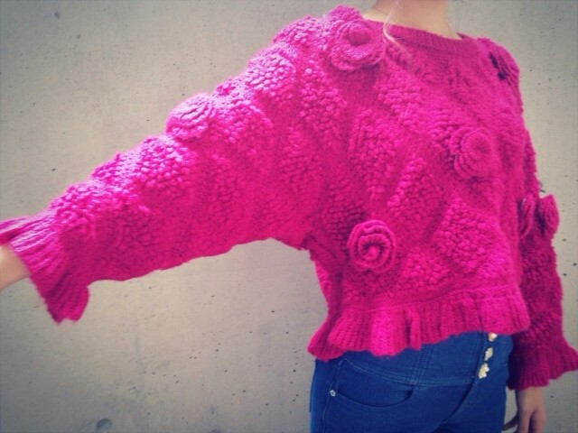 秋冬新款 vivi最新 纯手工 3d立体玫瑰花朵 高腰荷叶边针织衫毛衣