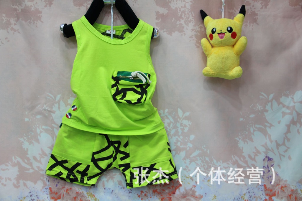 2013夏季新款奥代尔不规则铅笔画图印花拉链口袋儿童工字背心套装