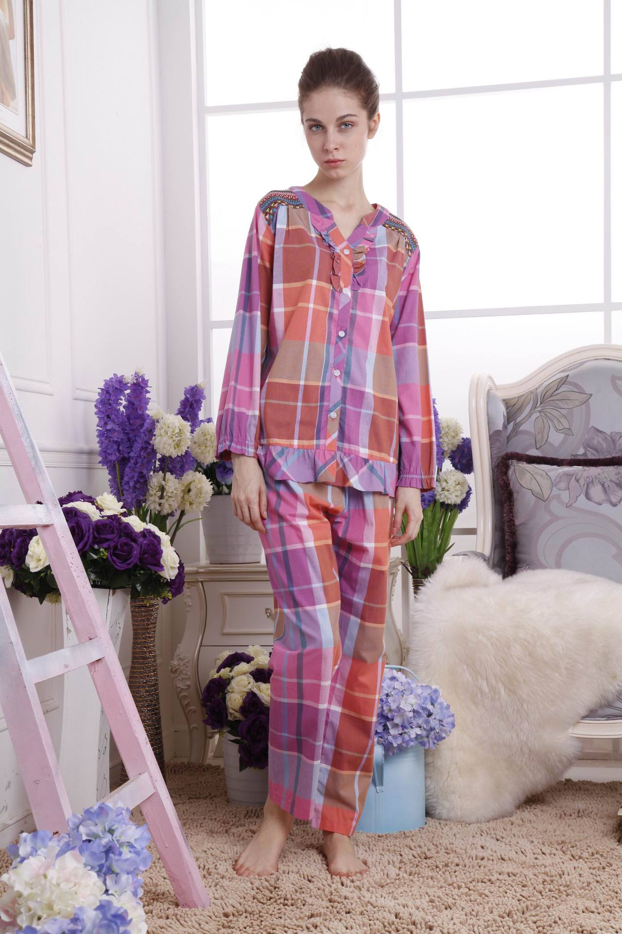 2013秋季新品 康柔 复古荷叶边 女士 长袖睡衣套装 家居服