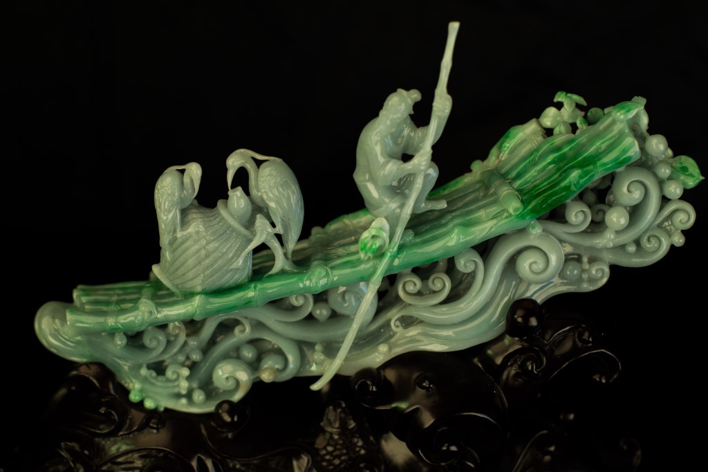 缅甸玉天然翡翠a货 老料三彩人物翡翠摆件 渔翁得利 可出证书