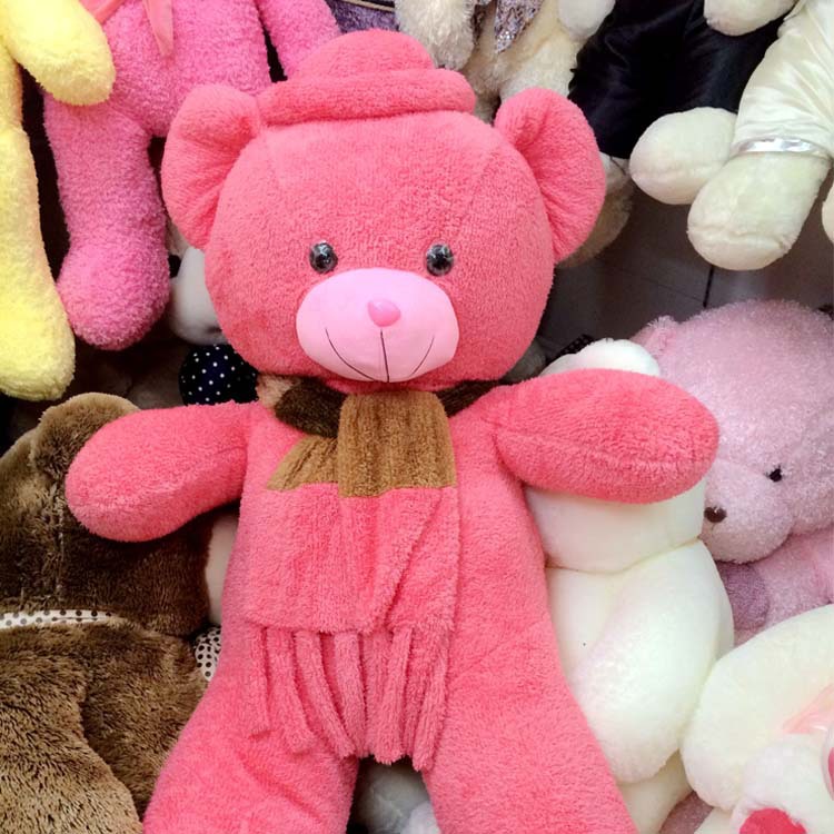 短毛绒玫红色抱抱熊 泰迪熊1.6米大号熊娃娃公仔 戴围巾一件代发
