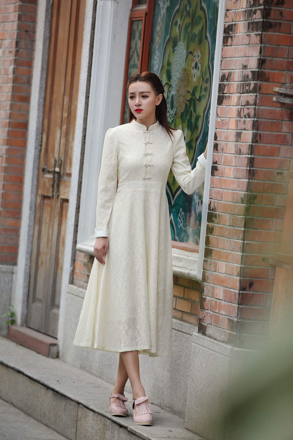 实拍 沐安年华 春秋新款女装立领蕾丝盘扣复古连衣裙长裙