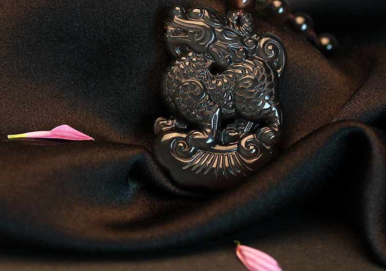 丰华珠宝 本命年开运饰品吊坠天然水晶冰种黑曜石如意麒麟项链