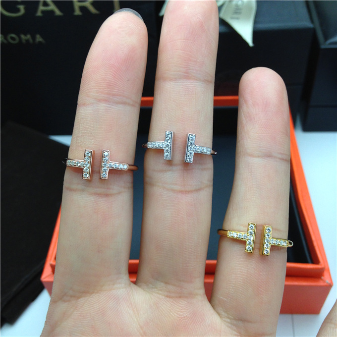 欧美明星新款t字母戒指微镶钻925纯银实心开口活口指环玫瑰金黄金